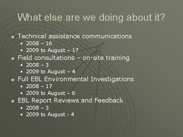 What else are we doing about it? u Technical assistance communications • 2008 –