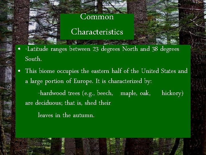 Common Characteristics • -Latitude ranges between 23 degrees North and 38 degrees South. •