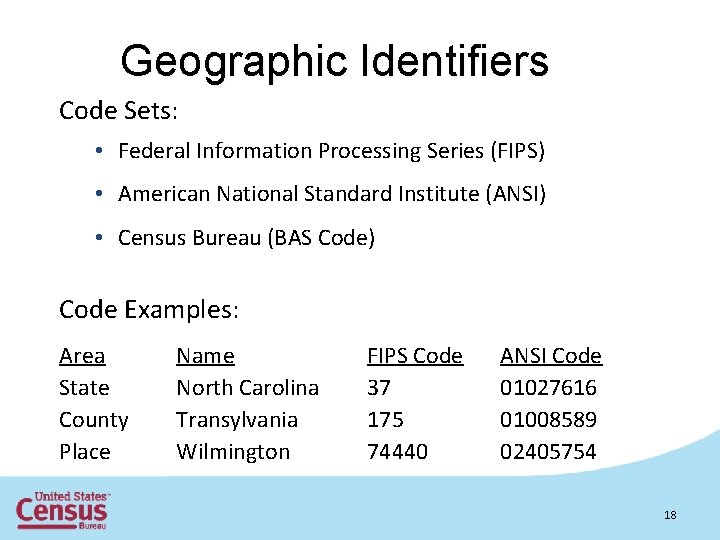 Geographic Identifiers Code Sets: • Federal Information Processing Series (FIPS) • American National Standard