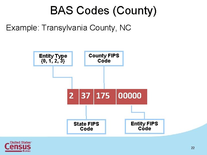 BAS Codes (County) Example: Transylvania County, NC Entity Type {0, 1, 2, 3} County