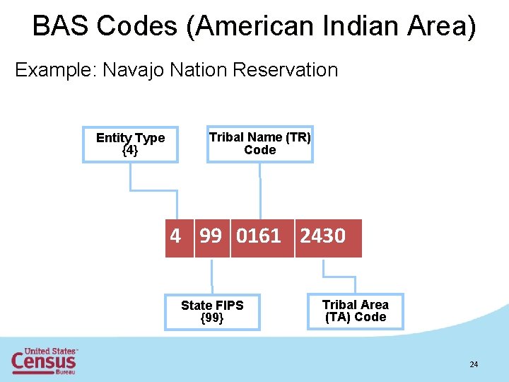 BAS Codes (American Indian Area) Example: Navajo Nation Reservation Entity Type {4} Example: Navajo