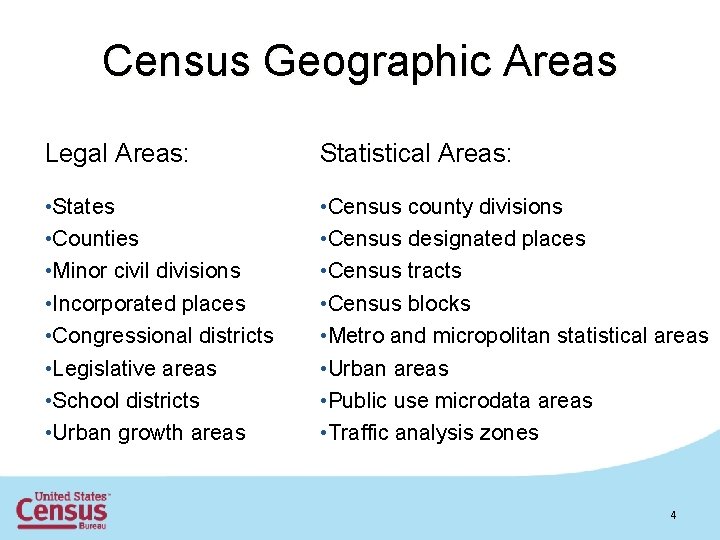 Census Geographic Areas Legal Areas: Statistical Areas: • States • Counties • Minor civil