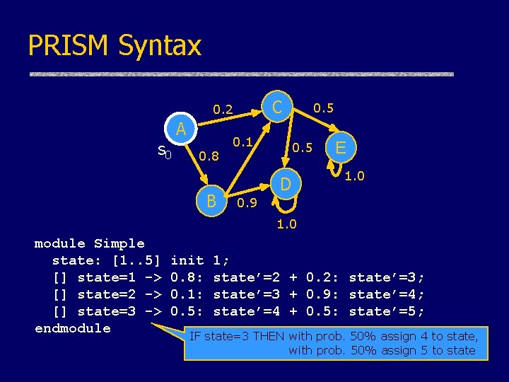PRISM Syntax C 0. 2 s 0 A 0. 8 B 0. 1 0.