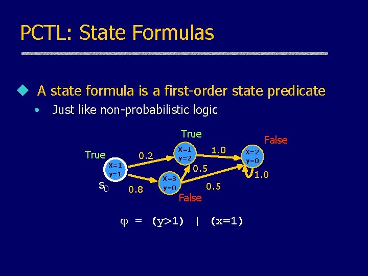 PCTL: State Formulas u A state formula is a first-order state predicate • Just