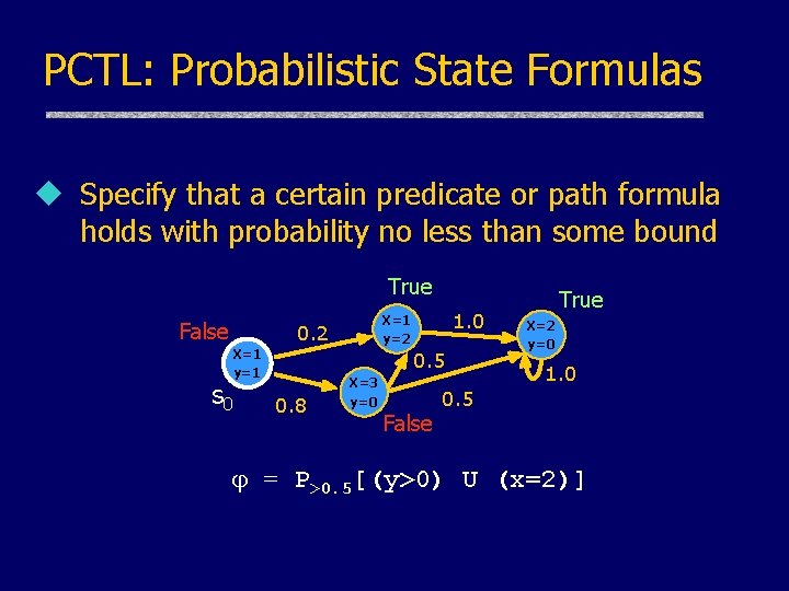 PCTL: Probabilistic State Formulas u Specify that a certain predicate or path formula holds