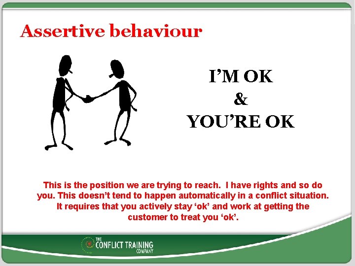 Assertive behaviour I’M OK & YOU’RE OK This is the position we are trying