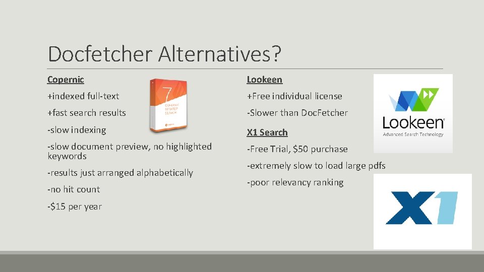 Docfetcher Alternatives? Copernic Lookeen +indexed full-text +Free individual license +fast search results -Slower than