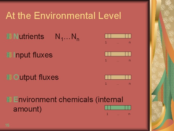 At the Environmental Level Nutrients N 1…Nn Input fluxes 1 … n Output fluxes