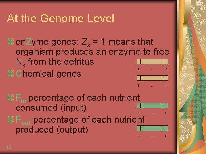 At the Genome Level en. Zyme genes: Zk = 1 means that organism produces