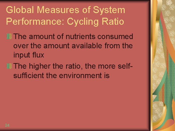 Global Measures of System Performance: Cycling Ratio The amount of nutrients consumed over the