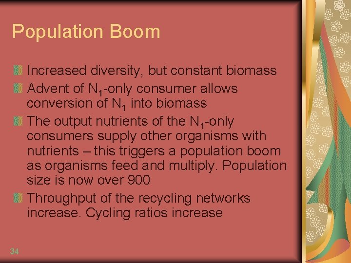 Population Boom Increased diversity, but constant biomass Advent of N 1 -only consumer allows