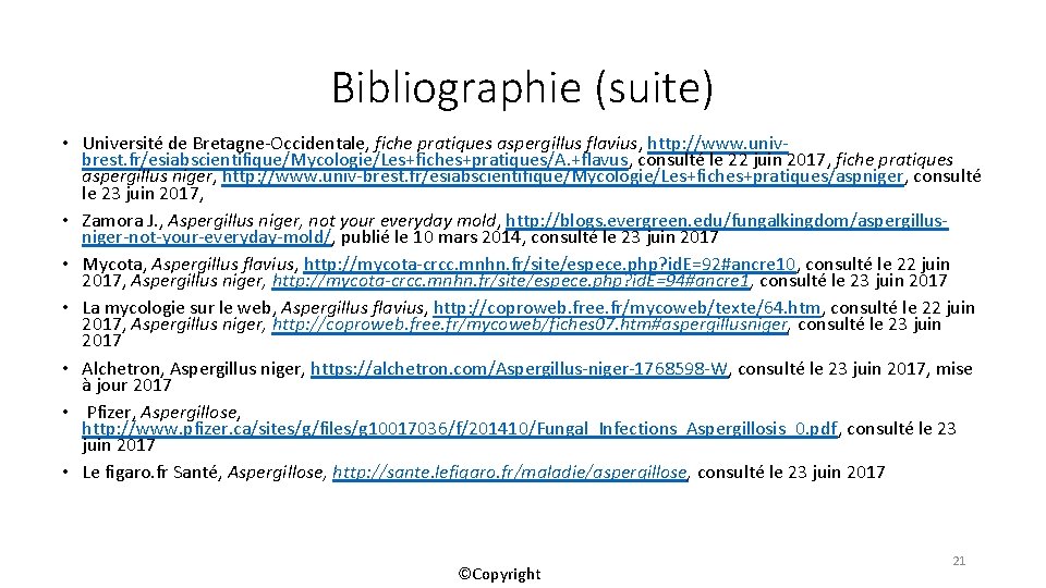 Bibliographie (suite) • Université de Bretagne-Occidentale, fiche pratiques aspergillus flavius, http: //www. univbrest. fr/esiabscientifique/Mycologie/Les+fiches+pratiques/A.