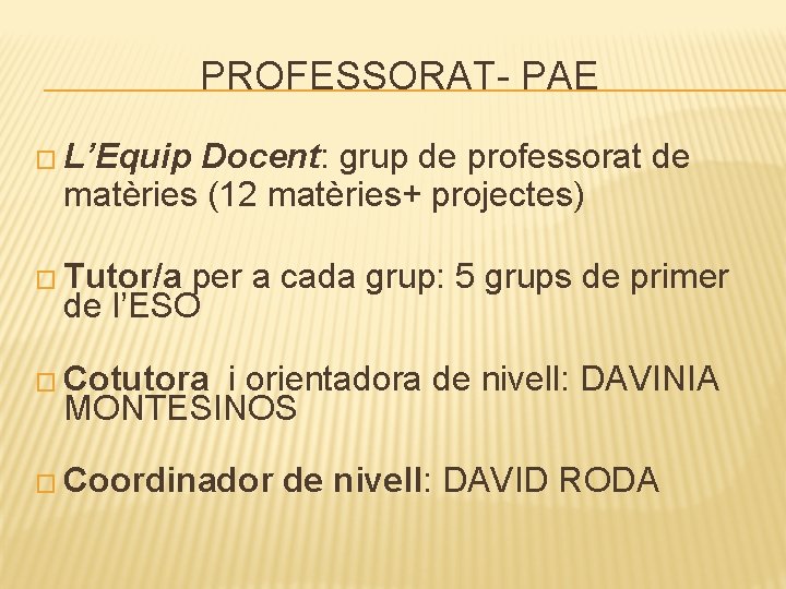 PROFESSORAT- PAE � L’Equip Docent: grup de professorat de matèries (12 matèries+ projectes) �