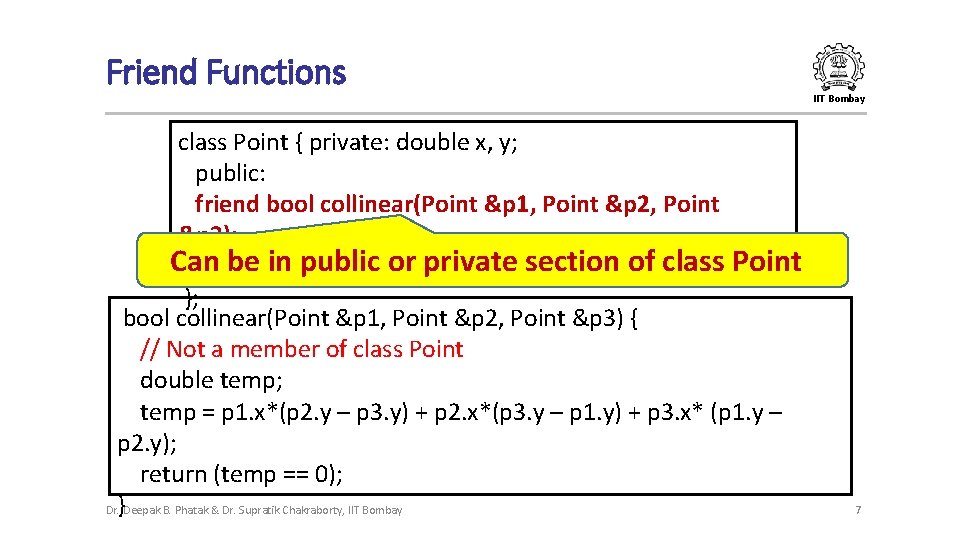 Friend Functions IIT Bombay class Point { private: double x, y; public: friend bool