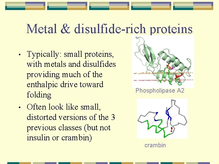 Metal & disulfide-rich proteins • • Typically: small proteins, with metals and disulfides providing