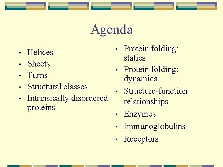 Agenda • • • Helices Sheets Turns Structural classes Intrinsically disordered proteins • •