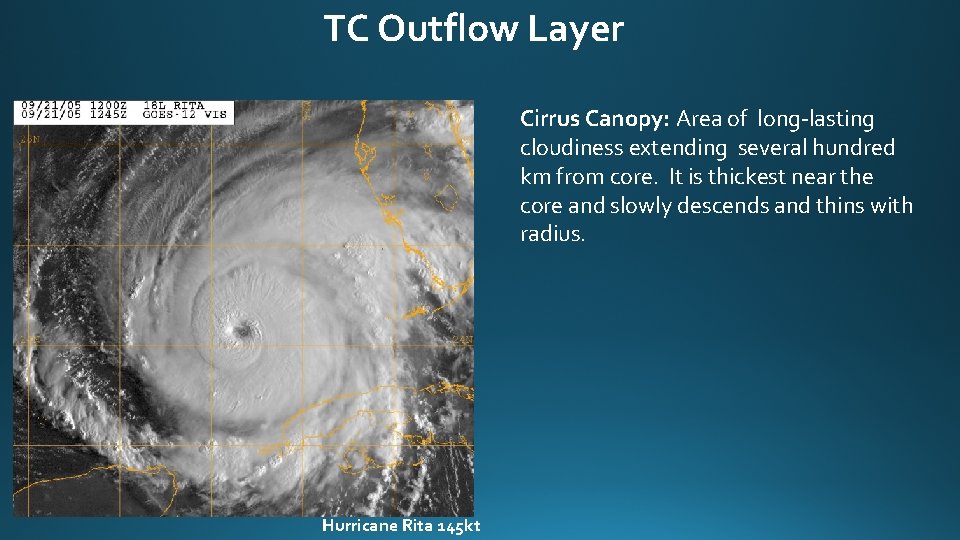 TC Outflow Layer Cirrus Canopy: Area of long-lasting cloudiness extending several hundred km from