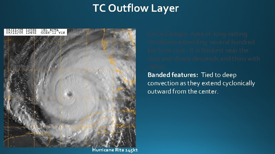 TC Outflow Layer Cirrus Canopy: Area of long-lasting cloudiness extending several hundred km from