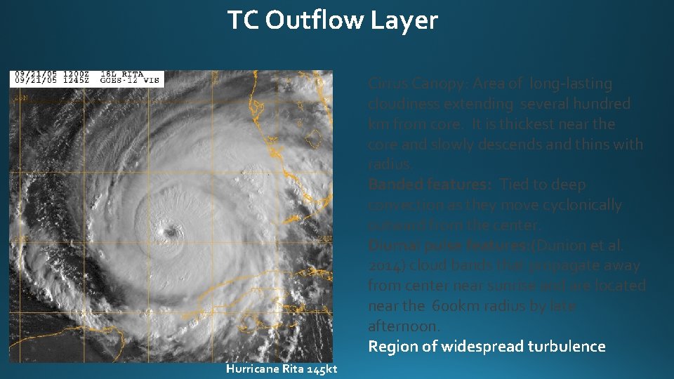 TC Outflow Layer Cirrus Canopy: Area of long-lasting cloudiness extending several hundred km from