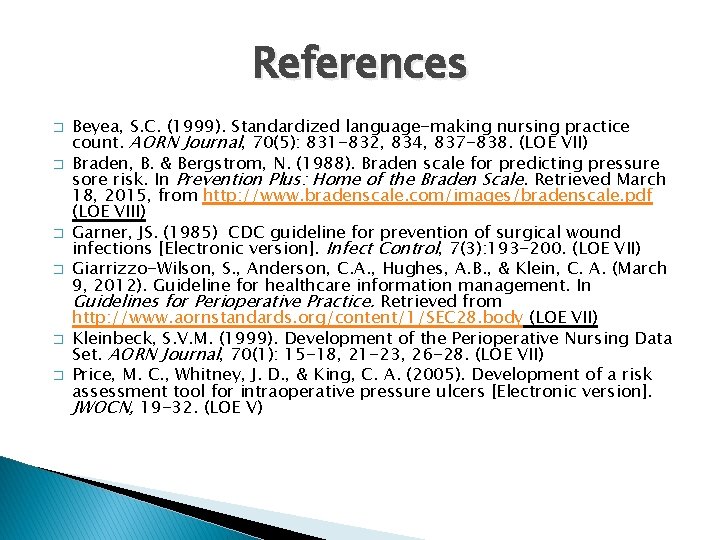 References � � � Beyea, S. C. (1999). Standardized language-making nursing practice count. AORN