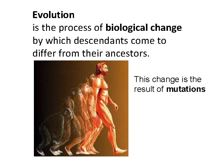 Evolution is the process of biological change by which descendants come to differ from