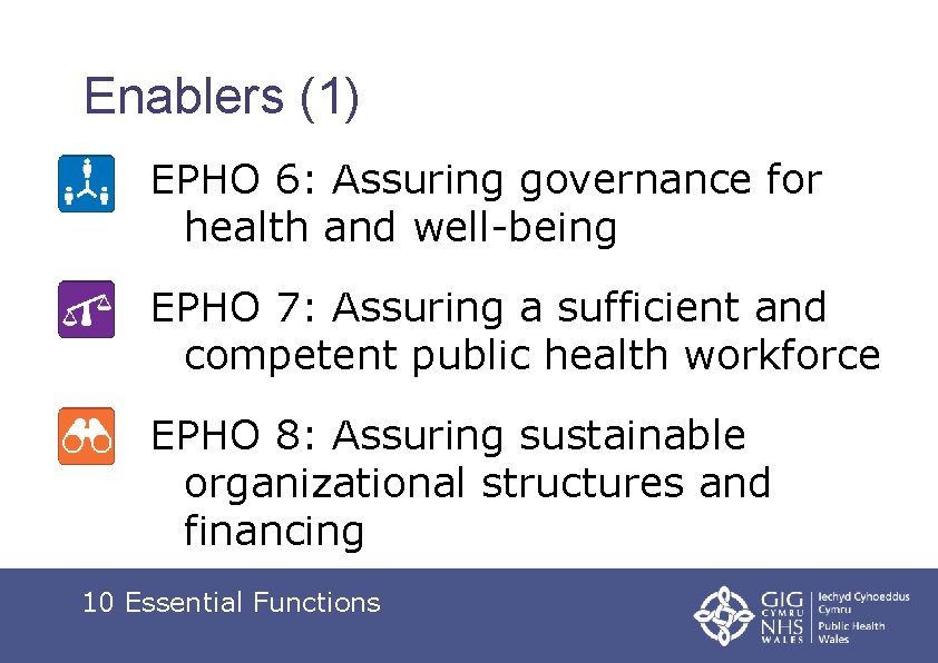 Enablers (1) EPHO 6: Assuring governance for health and well-being EPHO 7: Assuring a