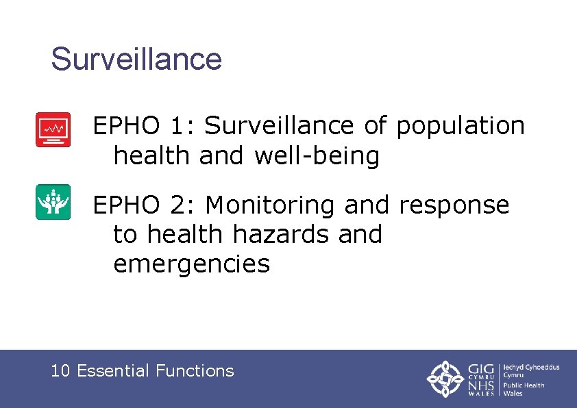 Surveillance EPHO 1: Surveillance of population health and well-being EPHO 2: Monitoring and response
