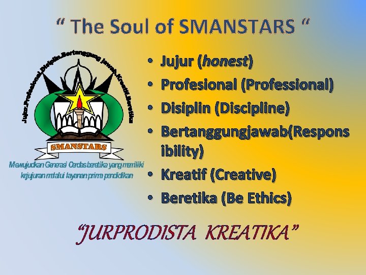 “ The Soul of SMANSTARS “ Jujur (honest) Profesional (Professional) Disiplin (Discipline) Bertanggungjawab(Respons ibility)