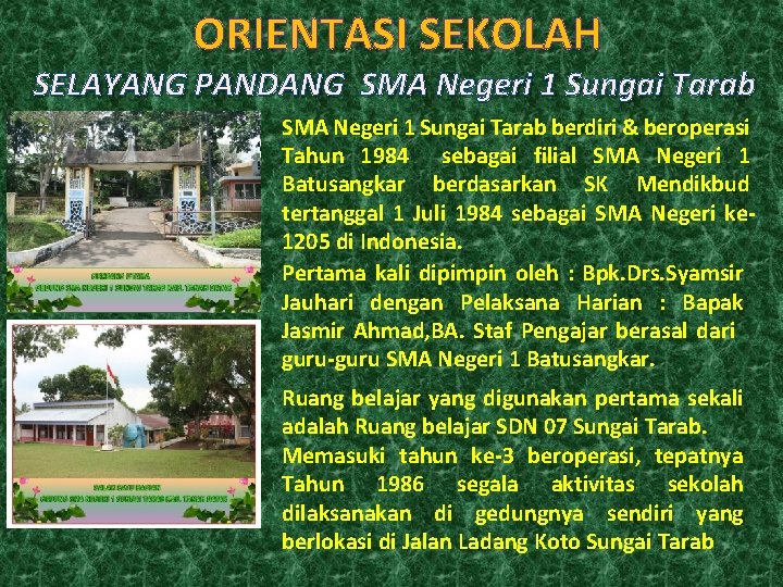 ORIENTASI SEKOLAH SELAYANG PANDANG SMA Negeri 1 Sungai Tarab berdiri & beroperasi Tahun 1984