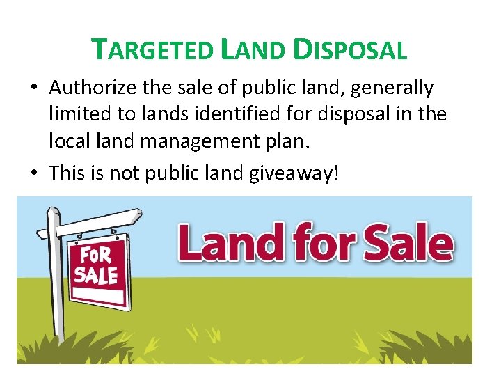 TARGETED LAND DISPOSAL • Authorize the sale of public land, generally limited to lands