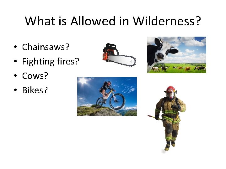 What is Allowed in Wilderness? • • Chainsaws? Fighting fires? Cows? Bikes? 