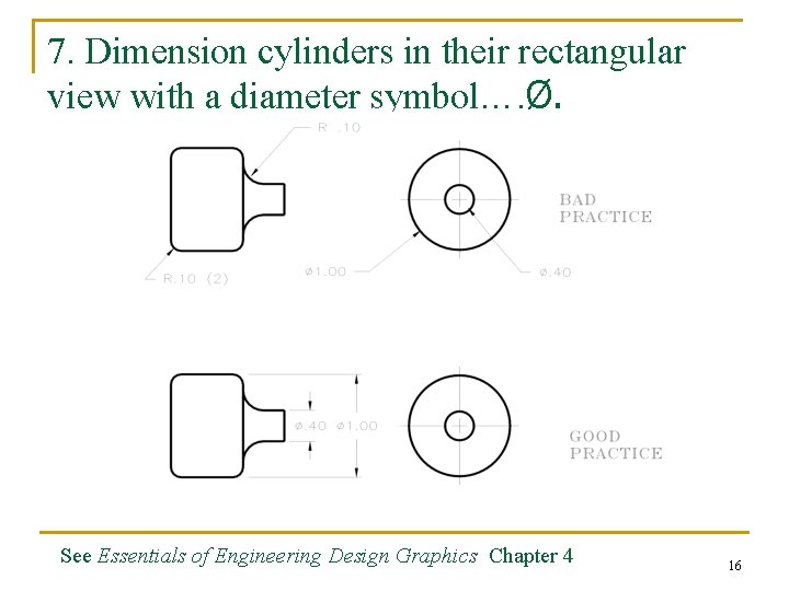 7. Dimension cylinders in their rectangular view with a diameter symbol…. Ø. See Essentials
