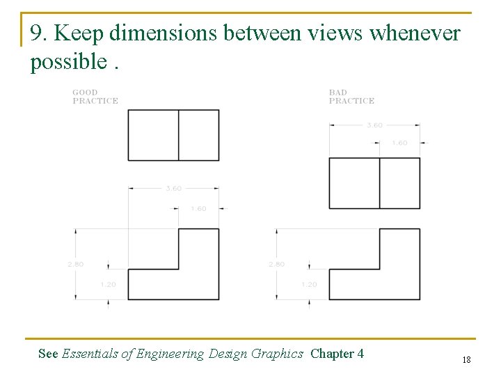 9. Keep dimensions between views whenever possible. See Essentials of Engineering Design Graphics Chapter