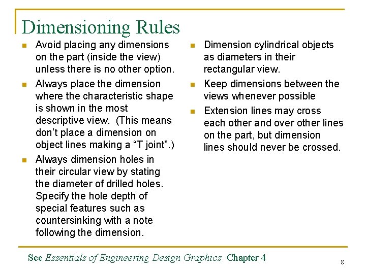 Dimensioning Rules n n n Avoid placing any dimensions on the part (inside the