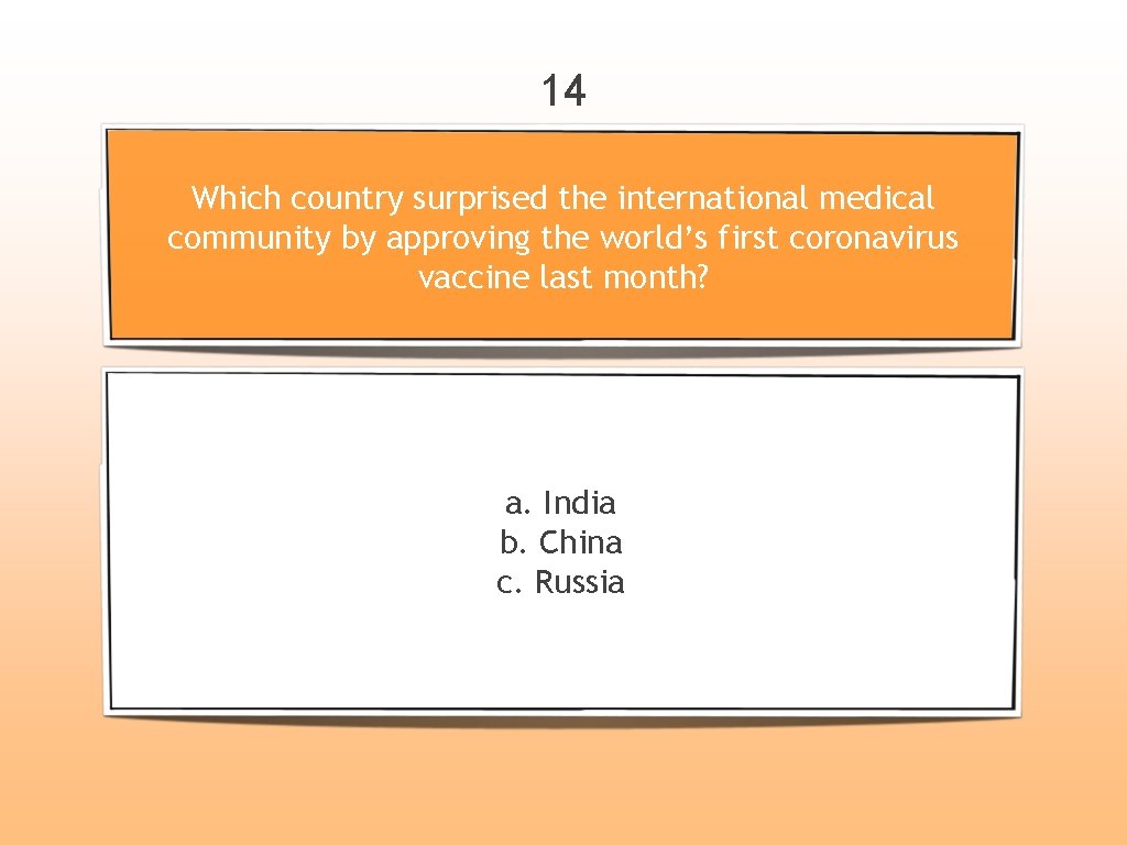 14 Which country surprised the international medical community by approving the world’s first coronavirus