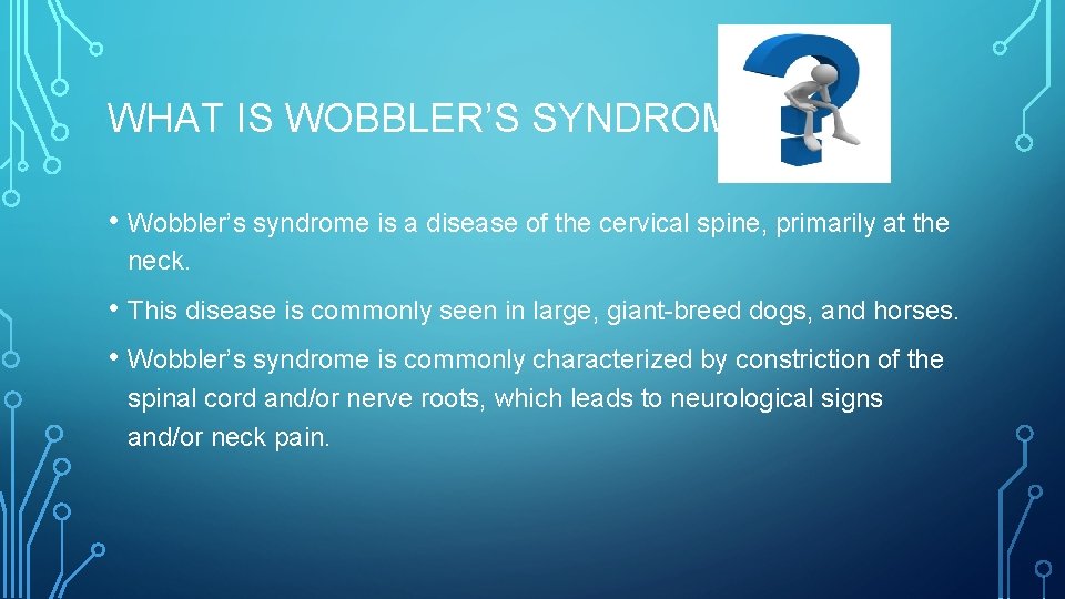 WHAT IS WOBBLER’S SYNDROME? • Wobbler’s syndrome is a disease of the cervical spine,