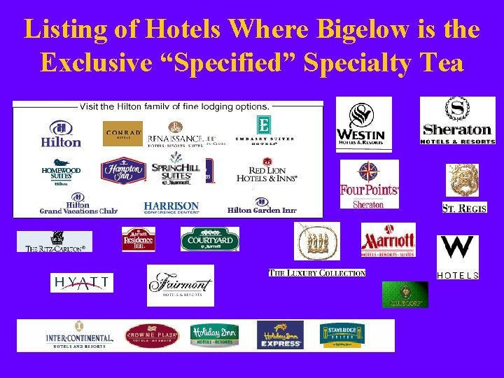 Listing of Hotels Where Bigelow is the Exclusive “Specified” Specialty Tea 