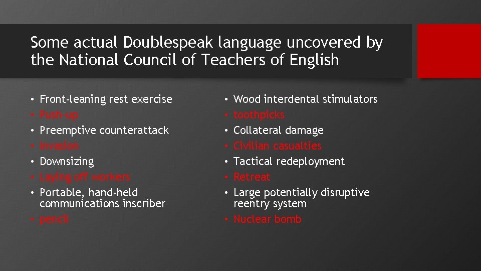 Some actual Doublespeak language uncovered by the National Council of Teachers of English Front-leaning Some actual Doublespeak language uncovered by the National Council of Teachers of English Front-leaning