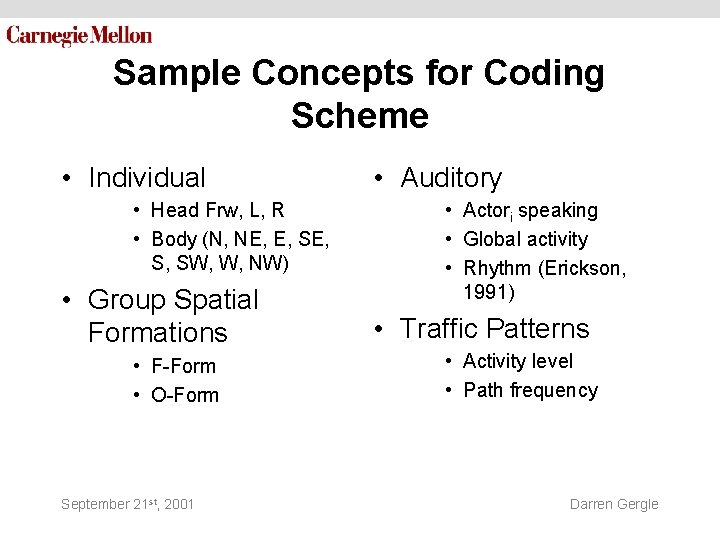 Sample Concepts for Coding Scheme • Individual • Head Frw, L, R • Body Sample Concepts for Coding Scheme • Individual • Head Frw, L, R • Body