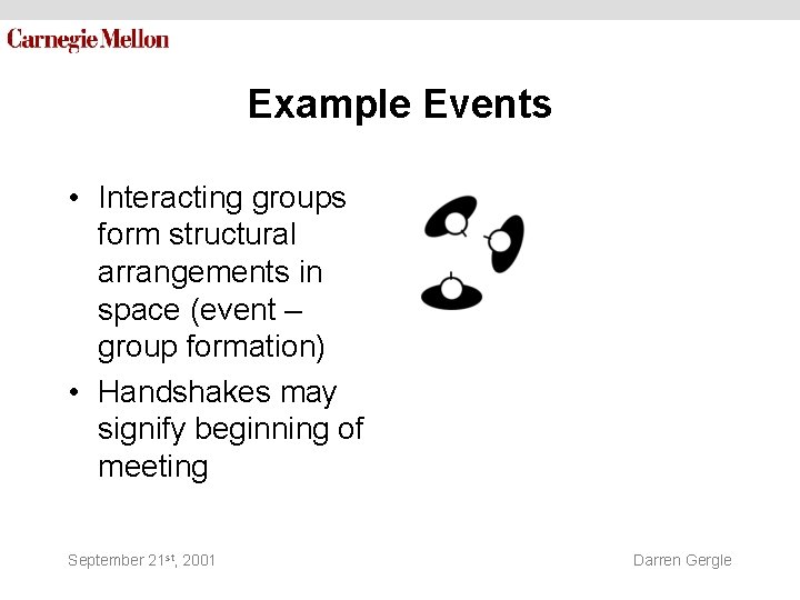 Example Events • Interacting groups form structural arrangements in space (event – group formation) Example Events • Interacting groups form structural arrangements in space (event – group formation)