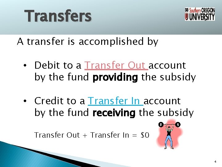 Transfers A transfer is accomplished by • Debit to a Transfer Out account by