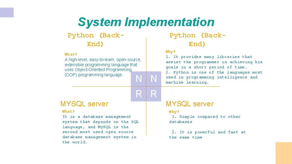 System Implementation Python (Back. End) What? A high-level, easy-to-learn, open-source, extensible programming language that