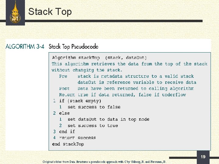 Stack Top 19 Original slides from Data Structures a pseudocode approach with C by