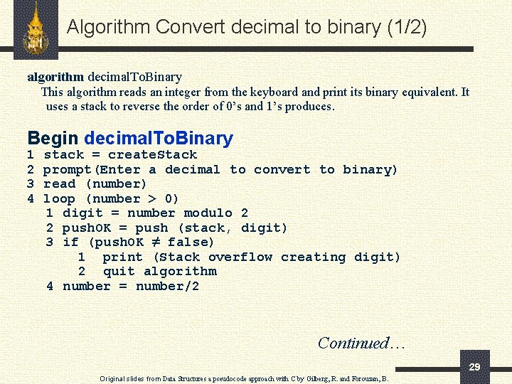 Algorithm Convert decimal to binary (1/2) algorithm decimal. To. Binary This algorithm reads an
