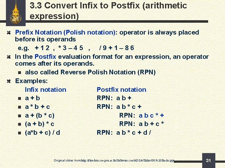 3. 3 Convert Infix to Postfix (arithmetic expression) Prefix Notation (Polish notation): operator is