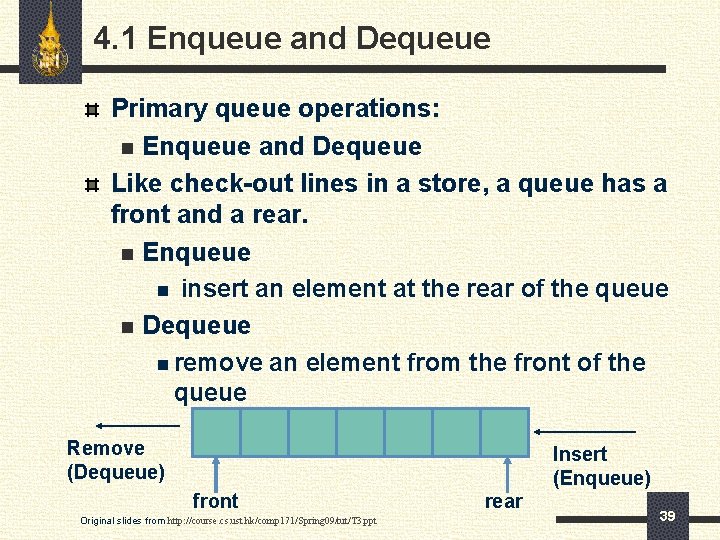 4. 1 Enqueue and Dequeue Primary queue operations: n Enqueue and Dequeue Like check-out