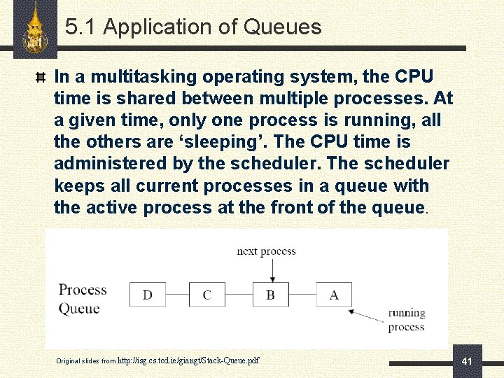 5. 1 Application of Queues In a multitasking operating system, the CPU time is