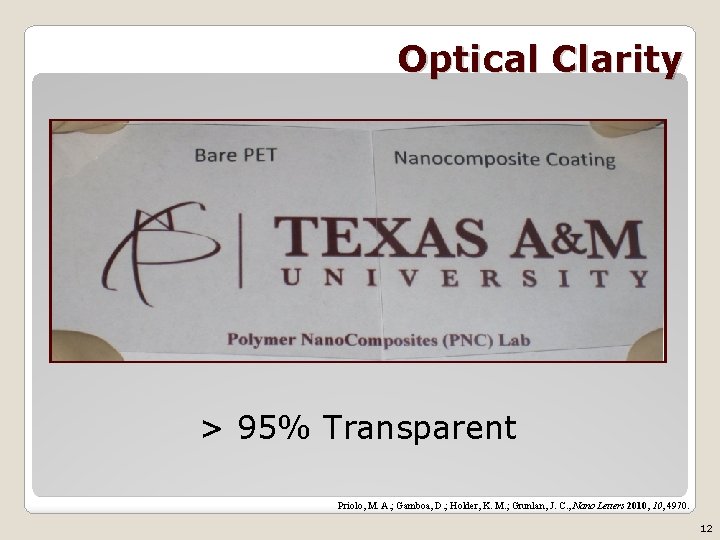 Optical Clarity > 95% Transparent Priolo, M. A. ; Gamboa, D. ; Holder, K.