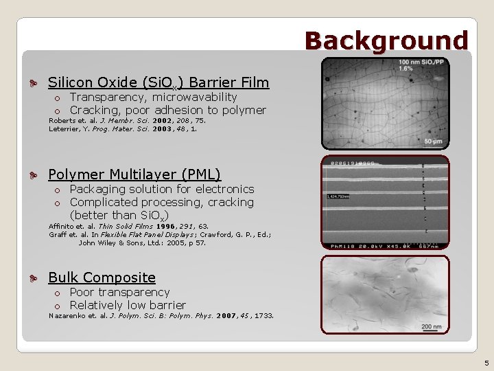 Background Silicon Oxide (Si. Ox) Barrier Film o Transparency, microwavability o Cracking, poor adhesion