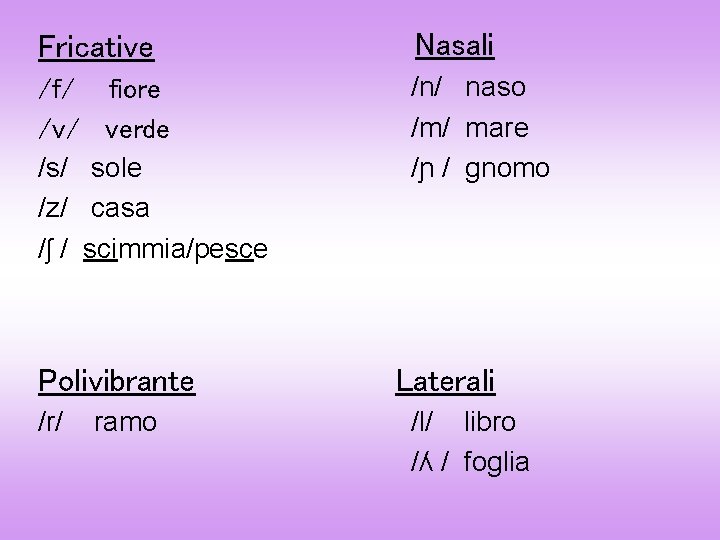Fricative Nasali /f/ fiore /v/ verde /s/ sole /z/ casa /ʃ / scimmia/pesce /n/